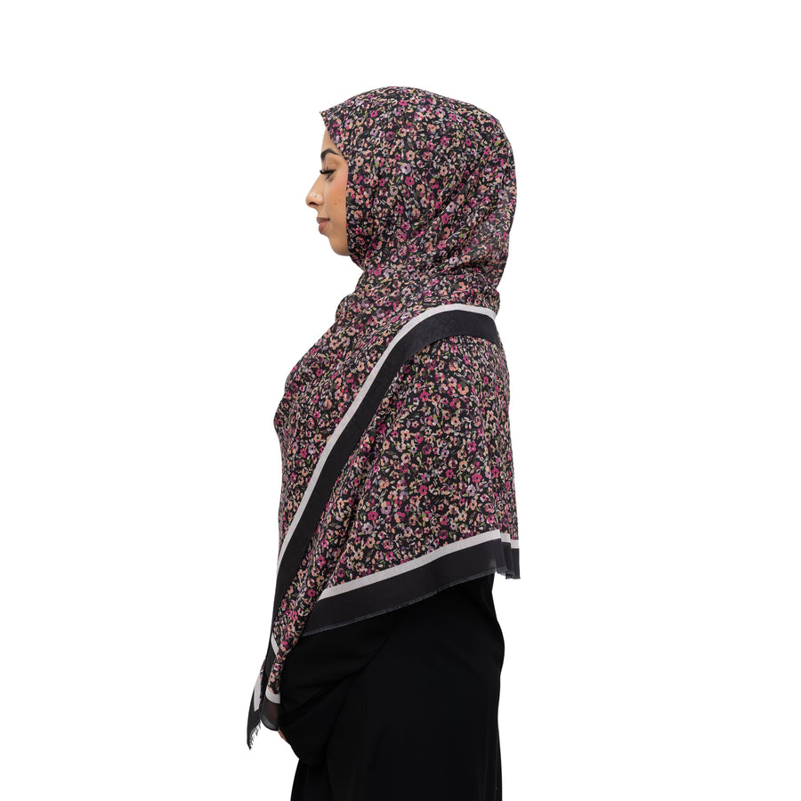 Exclusive Cotton Print Hijab Floral Black White Col 2