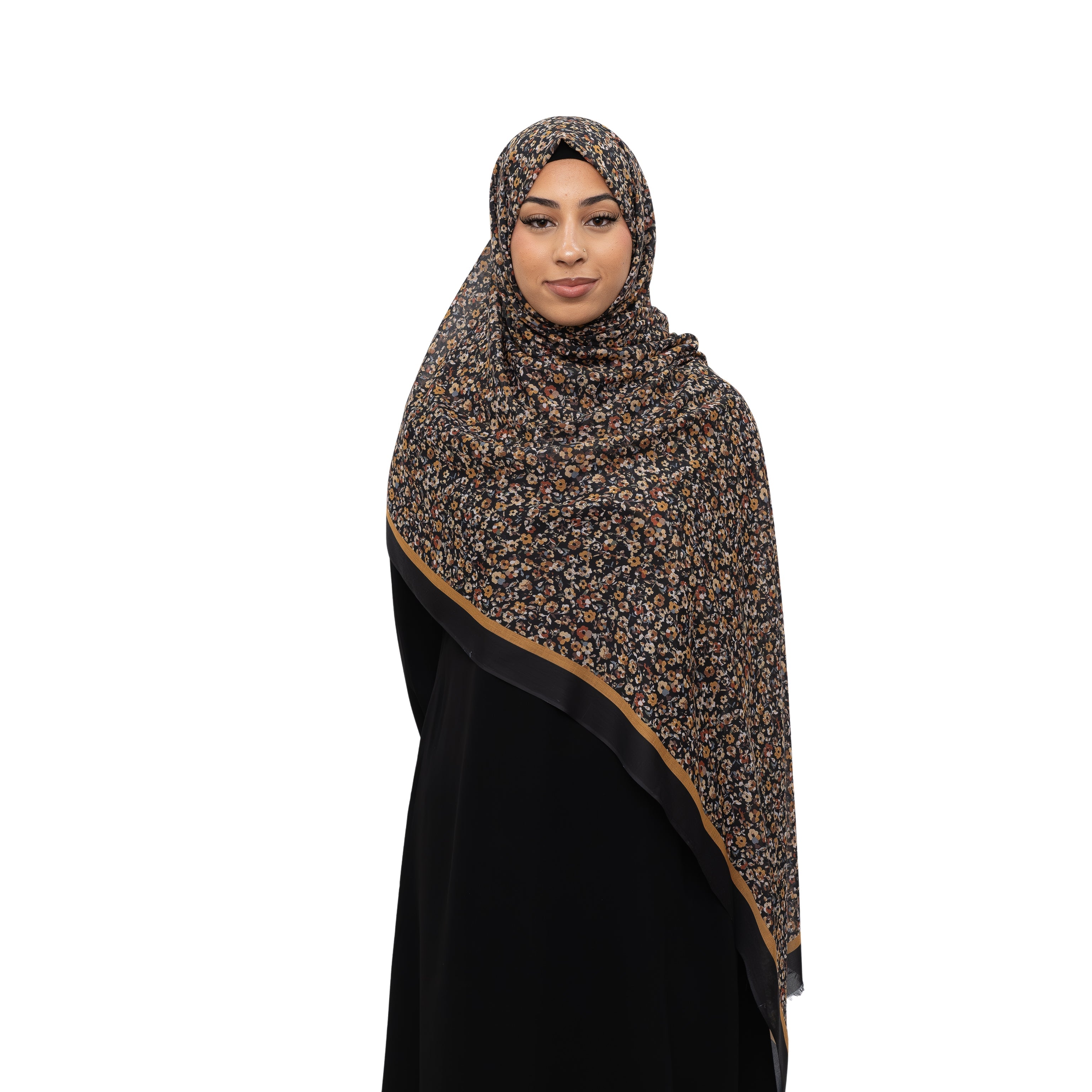 Exclusive Cotton Print Hijab Floral Black Mustard Col 4