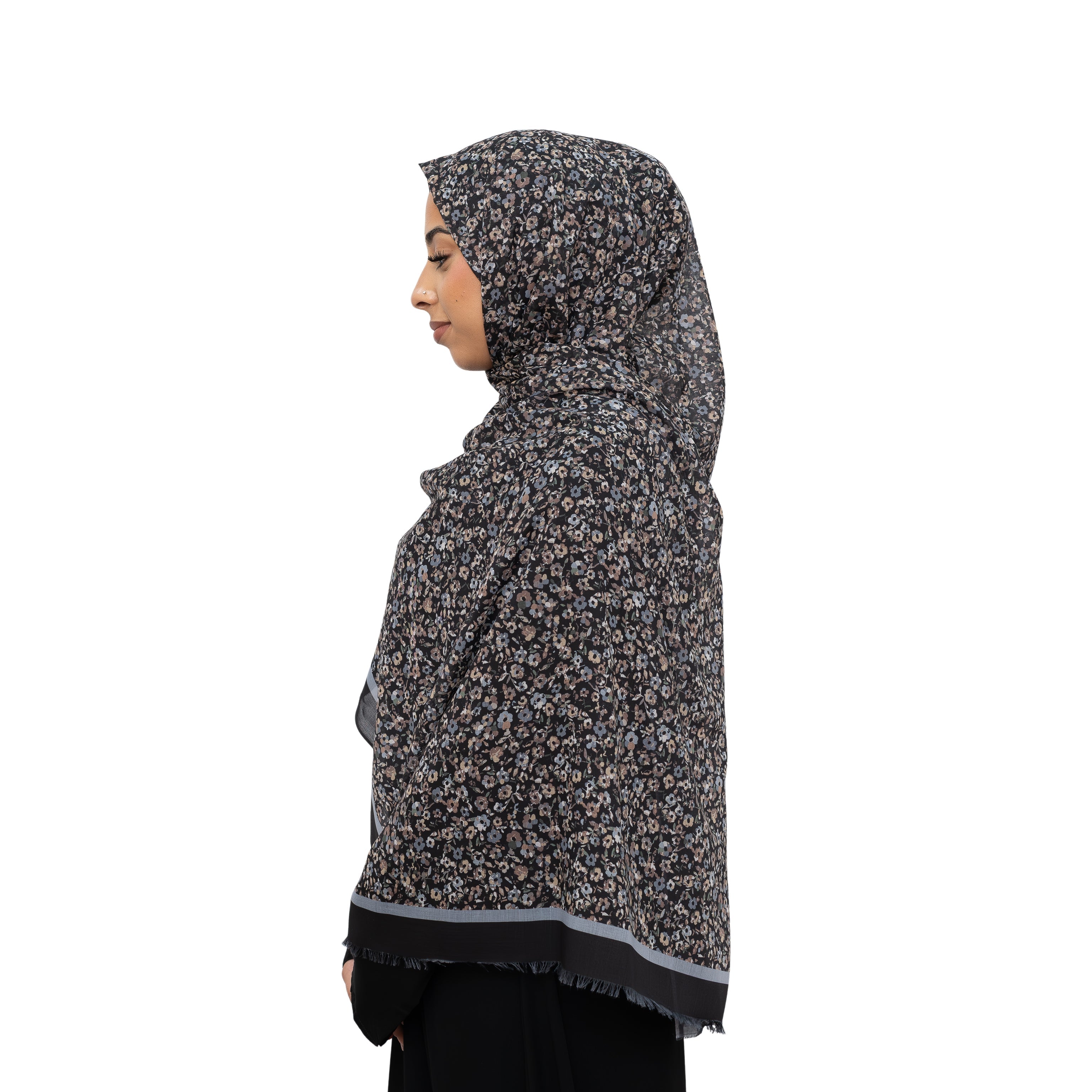 Exclusive Cotton Print Hijab Floral Black Grey Col 5