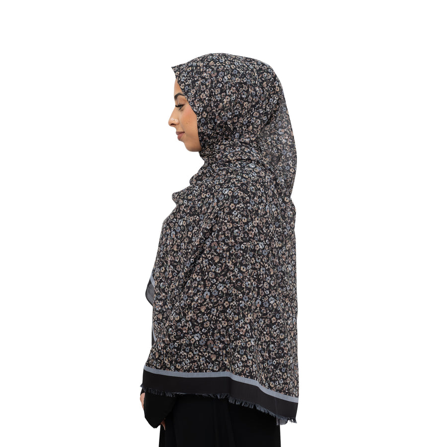 Exclusive Cotton Print Hijab Floral Black Grey Col 5