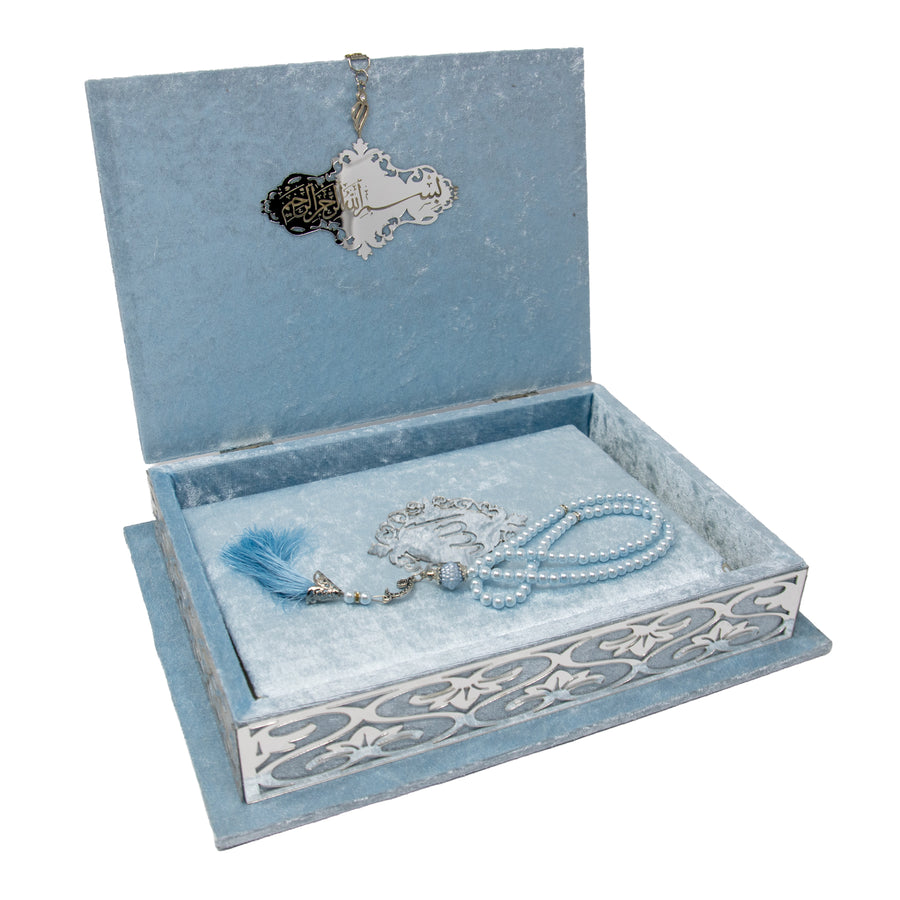 Large Velvet Quran Gift Set Sky Blue 19350