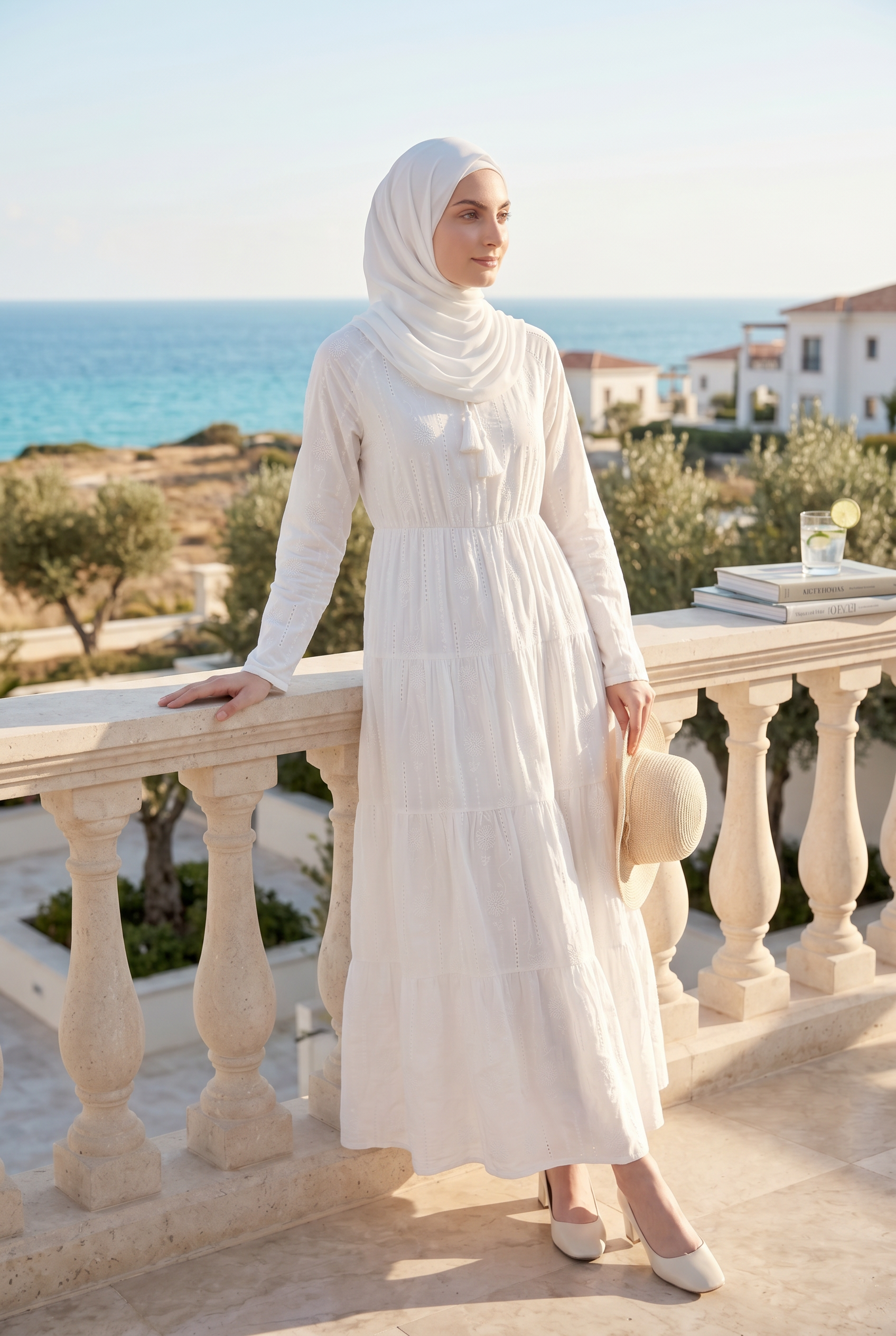 Hana Embroidered Cotton Abaya White 1014