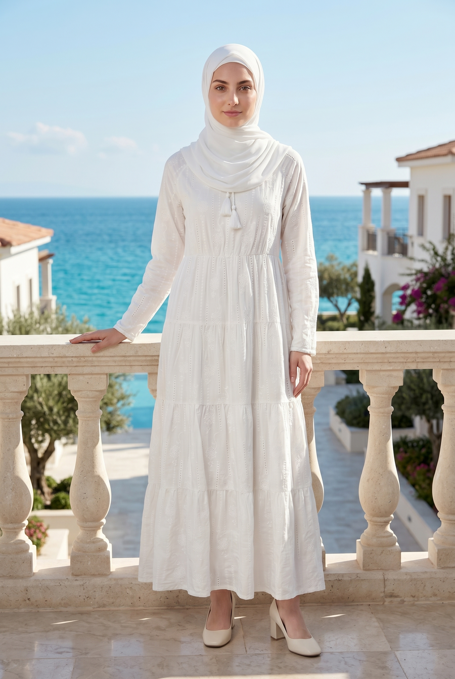 Hana Embroidered Cotton Abaya White 1014