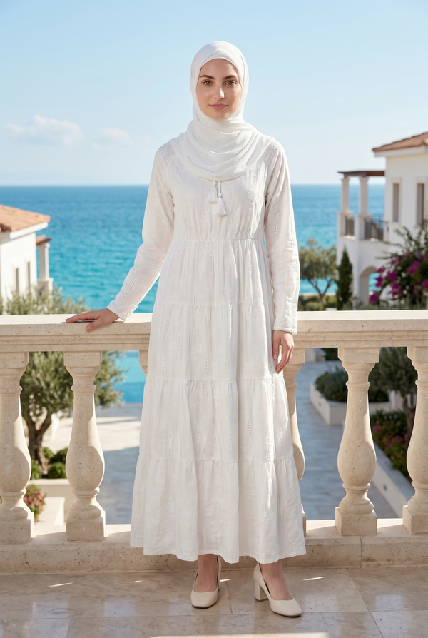 Hana Embroidered Cotton Abaya White 1014