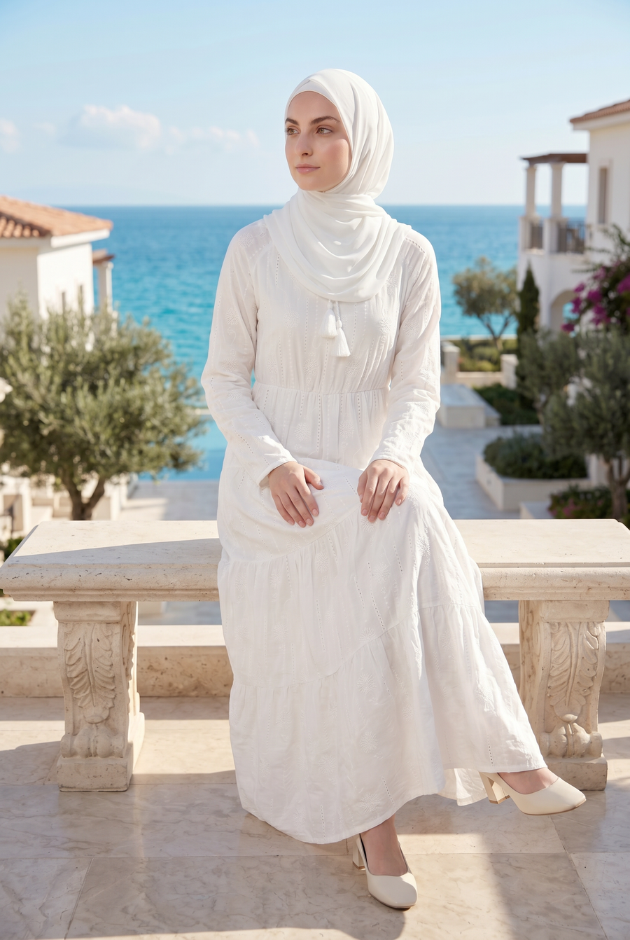 Hana Embroidered Cotton Abaya White 1014