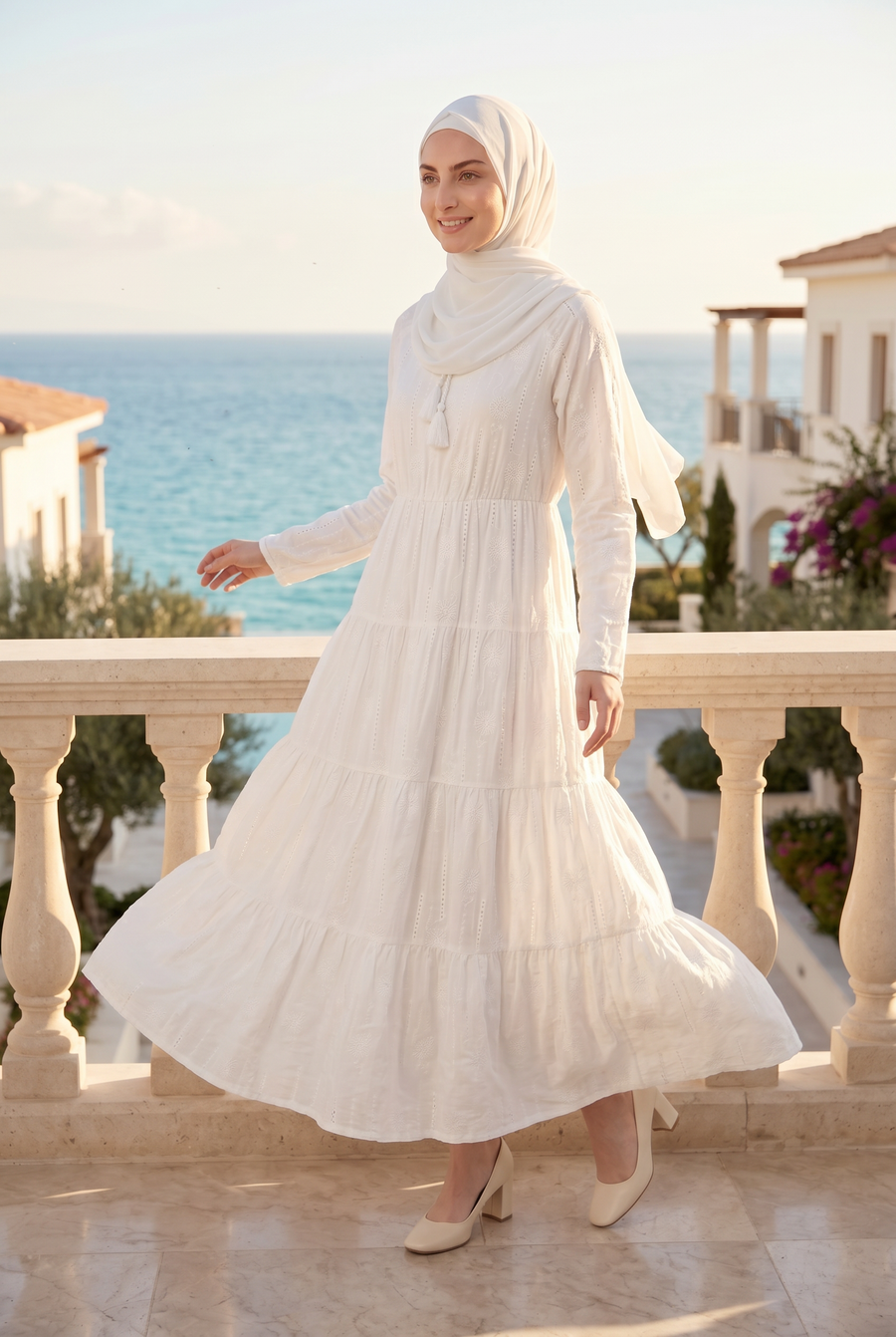 Hana Embroidered Cotton Abaya White 1014
