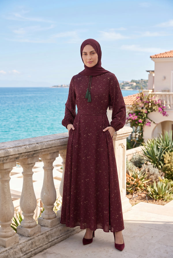 Alina Printed Crepe Abaya Maroon 1039