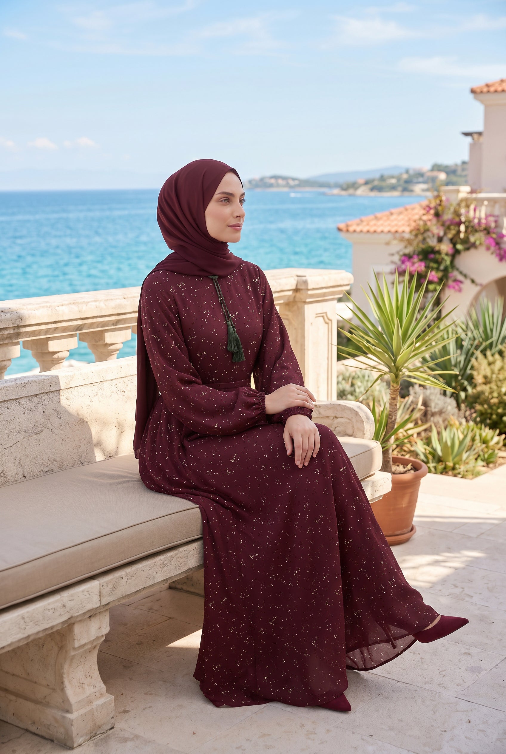 Alina Printed Crepe Abaya Maroon 1039