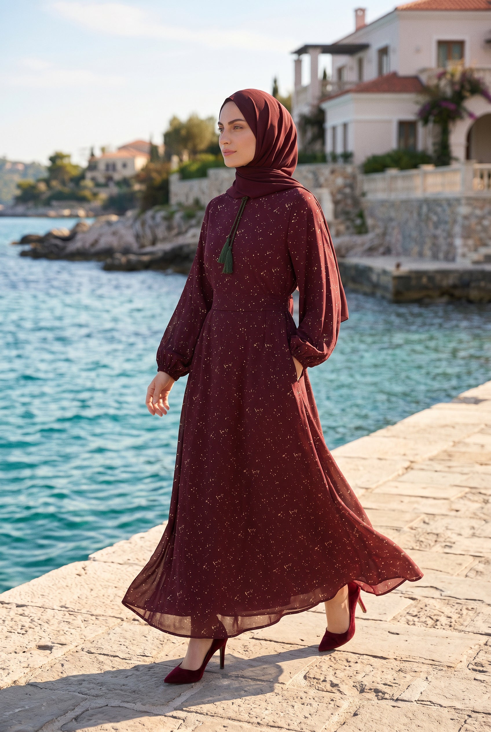 Alina Printed Crepe Abaya Maroon 1039