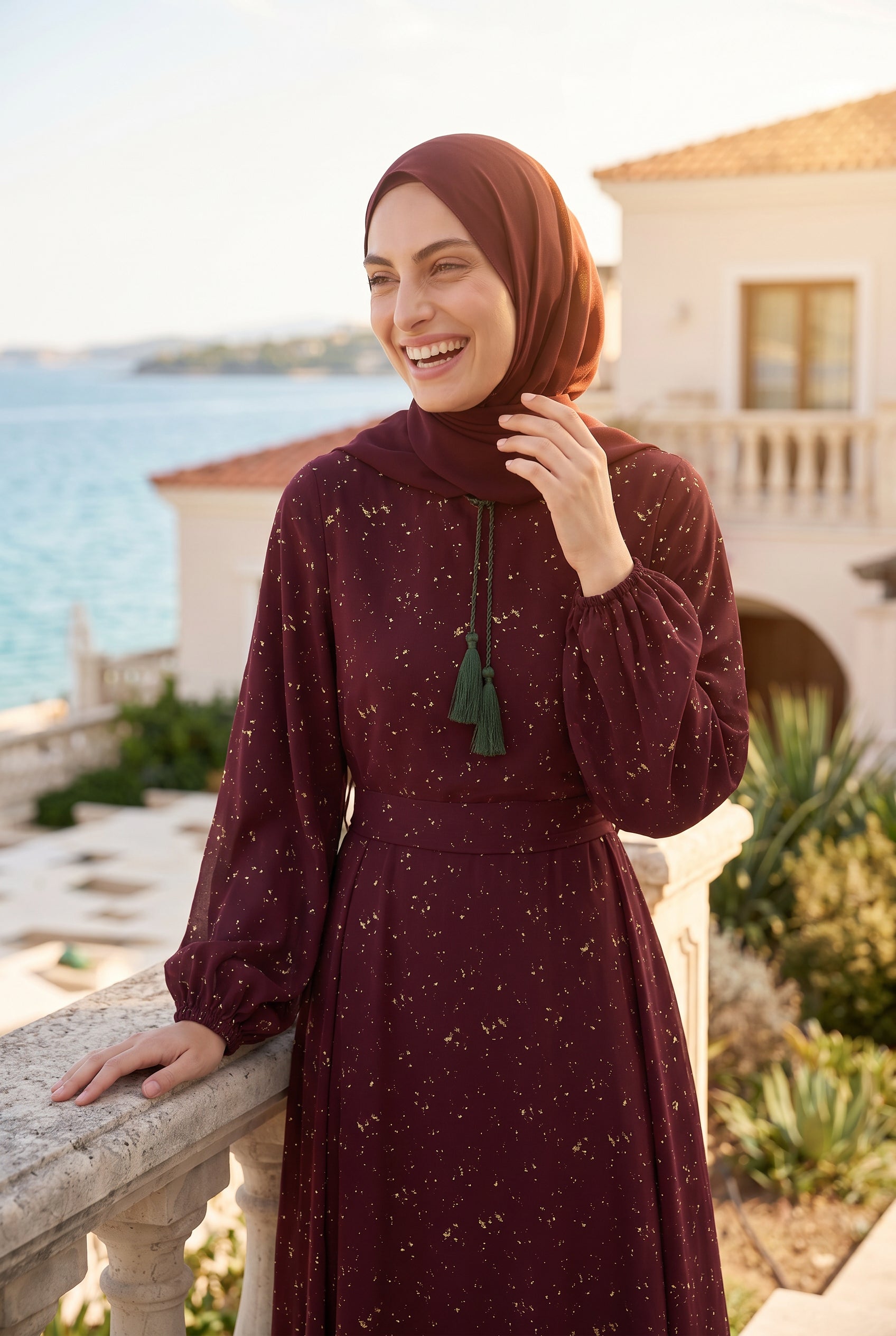 Alina Printed Crepe Abaya Maroon 1039