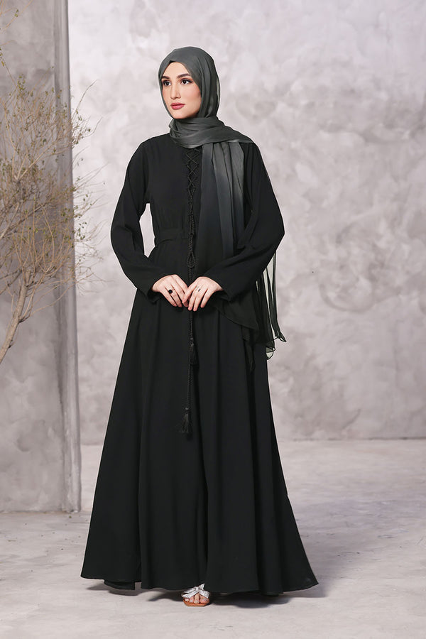 Lace Tassel Abaya Black 1044
