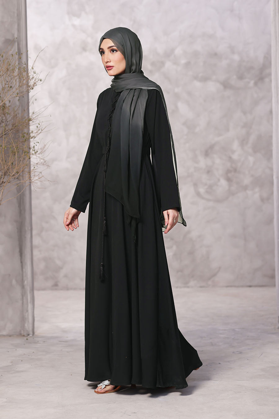 Lace Tassel Abaya Black 1044