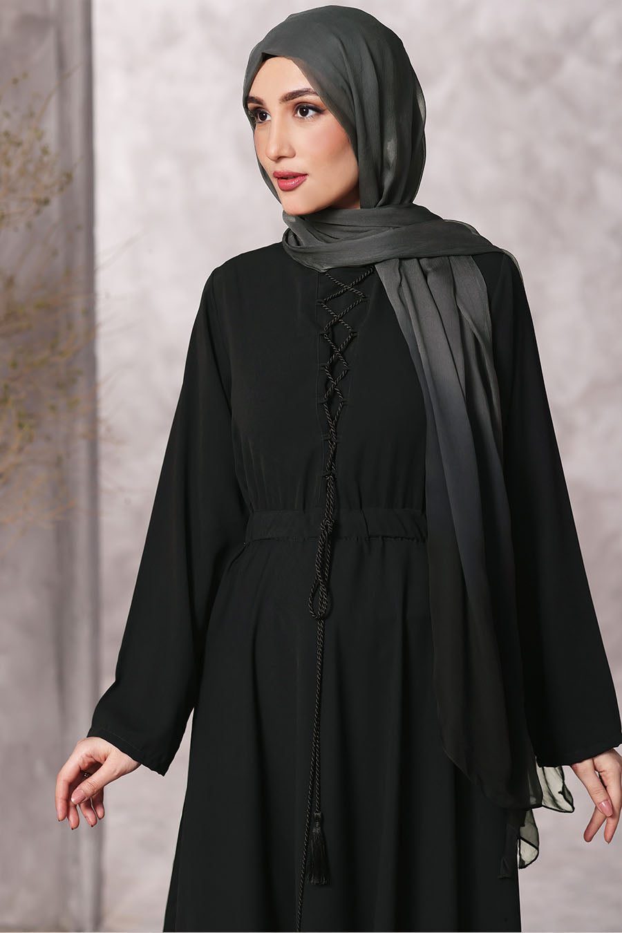 Lace Tassel Abaya Black 1044