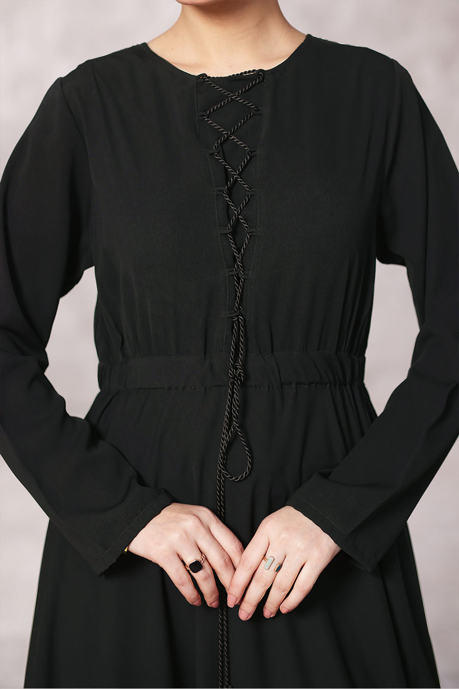 Lace Tassel Abaya Black 1044