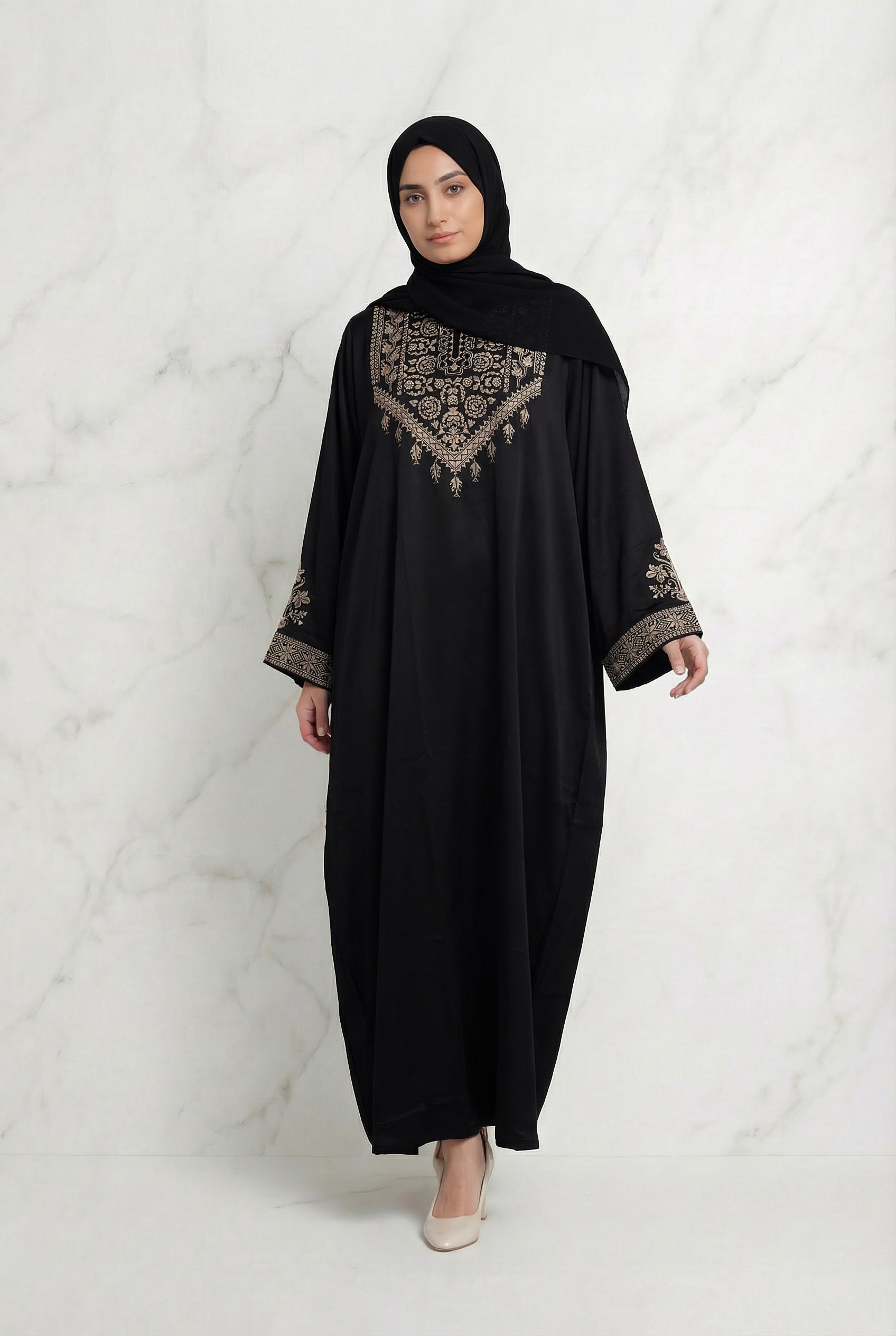Luxurious Satin Embroidered Abaya Black 1107