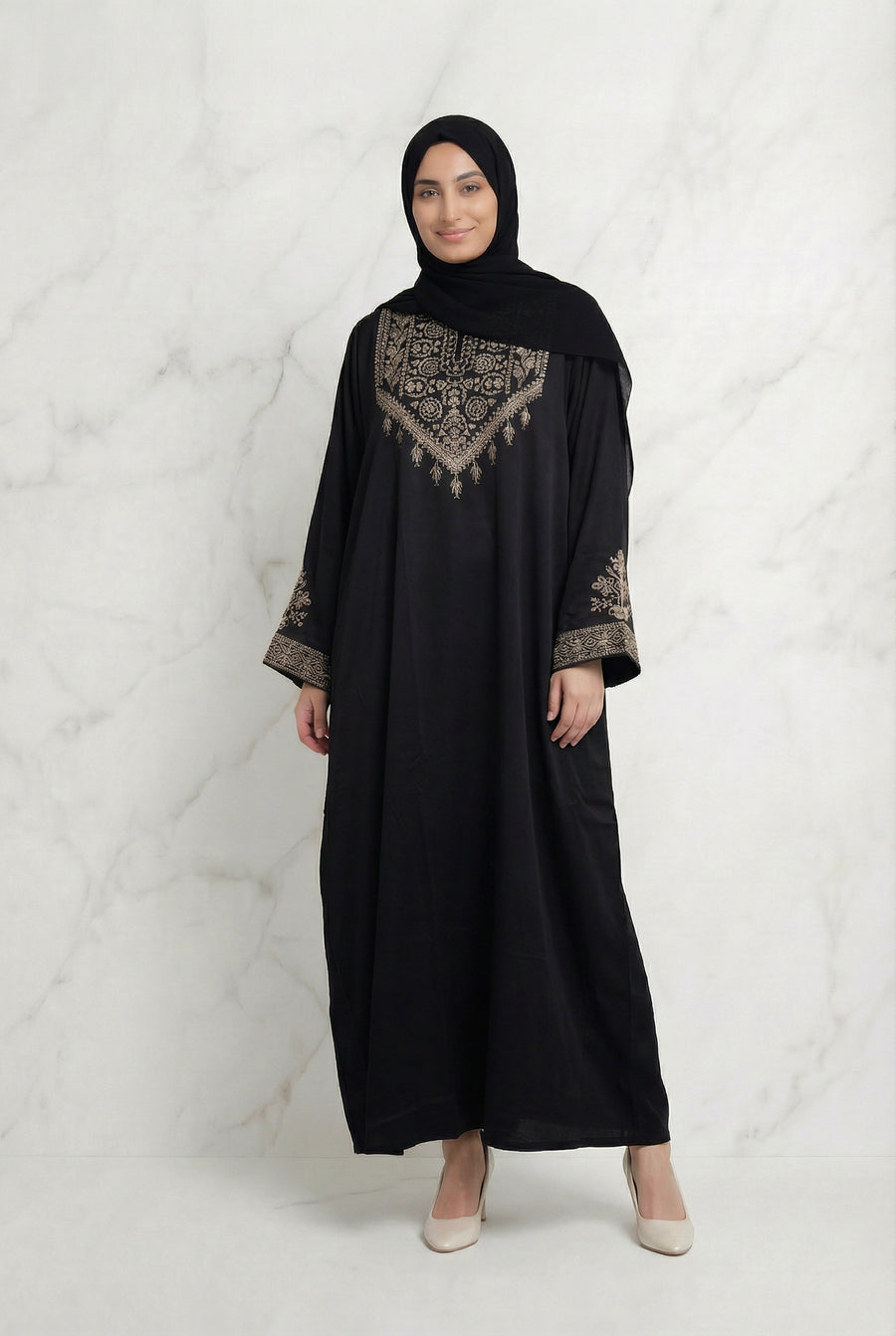 Luxurious Satin Embroidered Abaya Black 1107