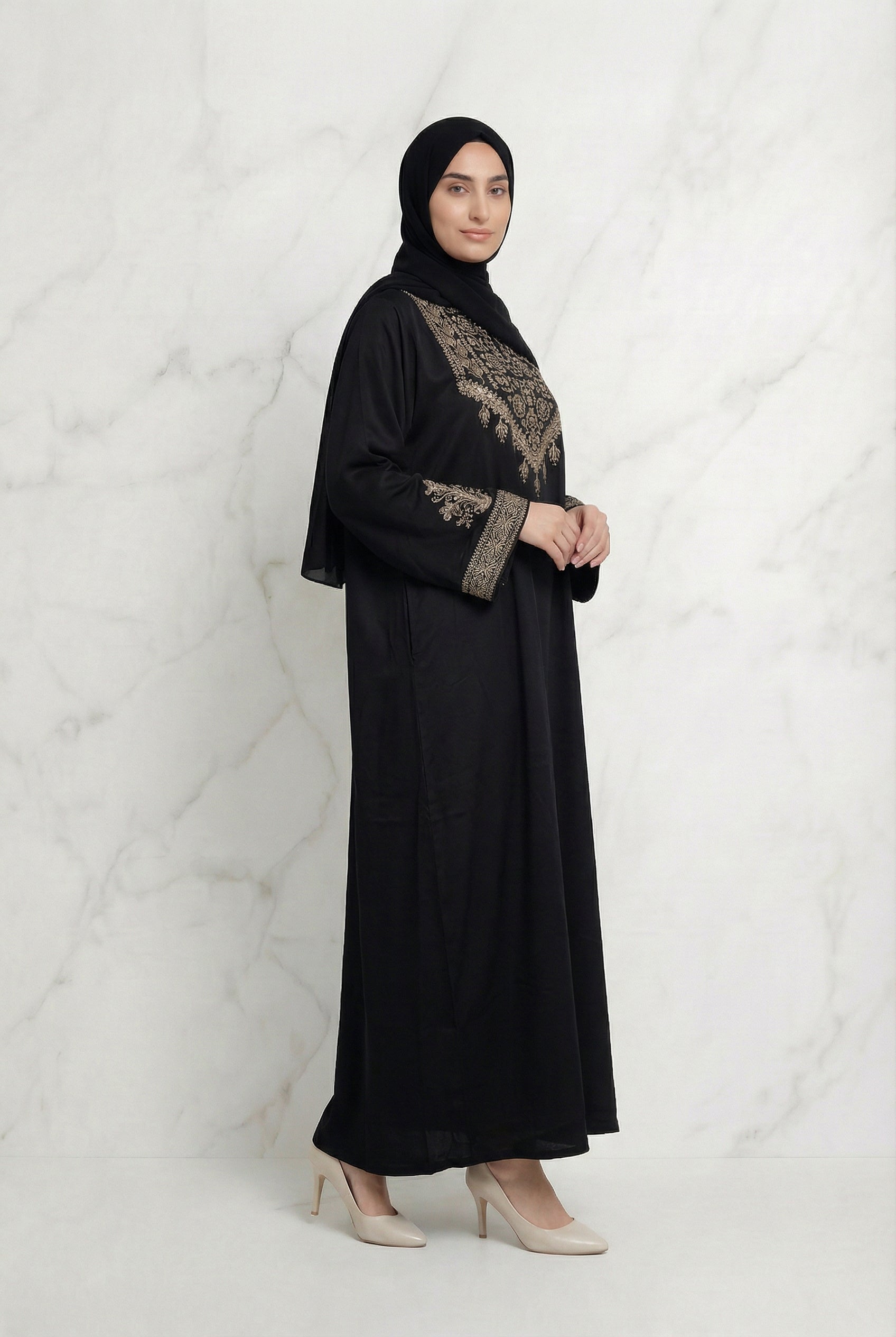 Luxurious Satin Embroidered Abaya Black 1107