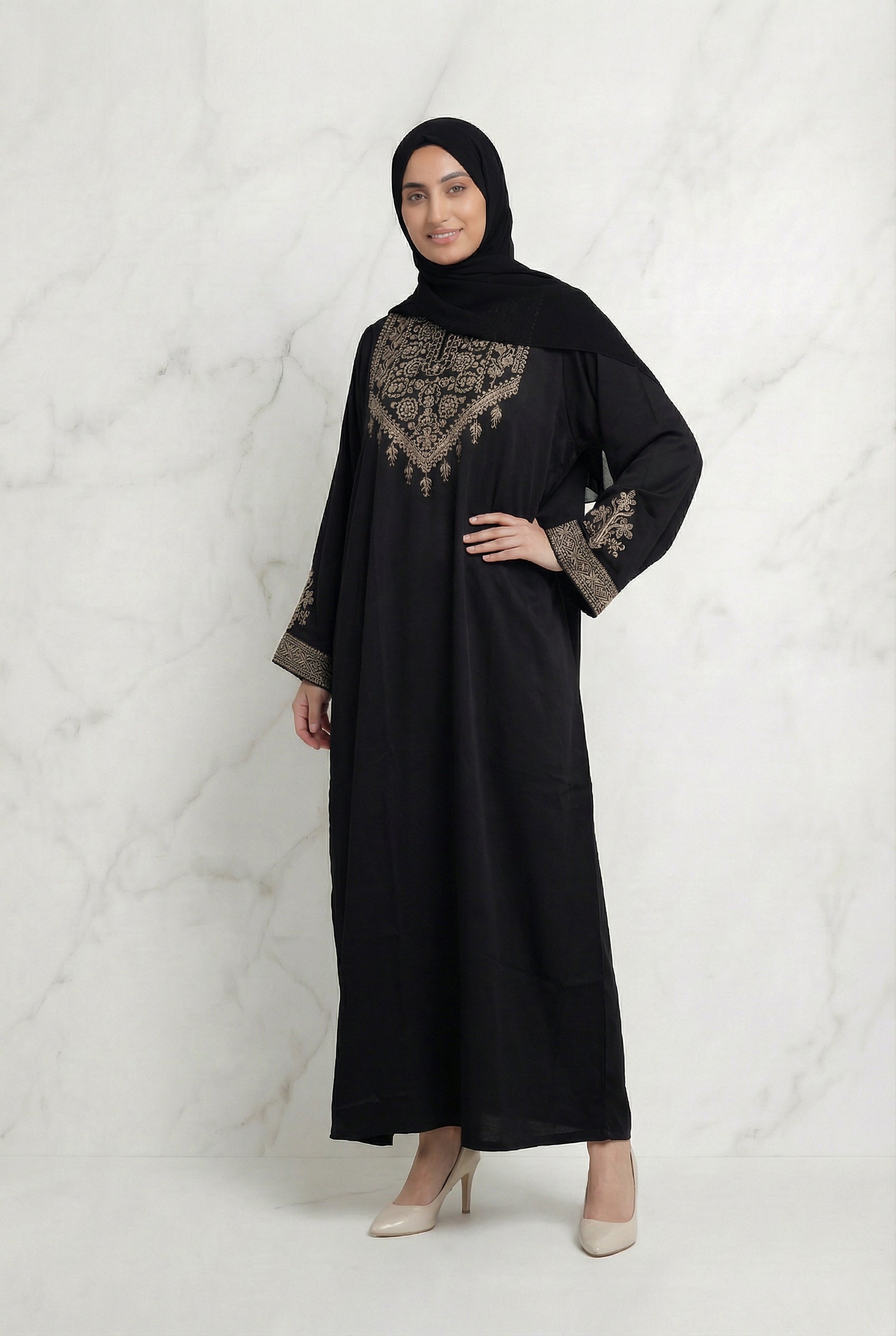 Luxurious Satin Embroidered Abaya Black 1107