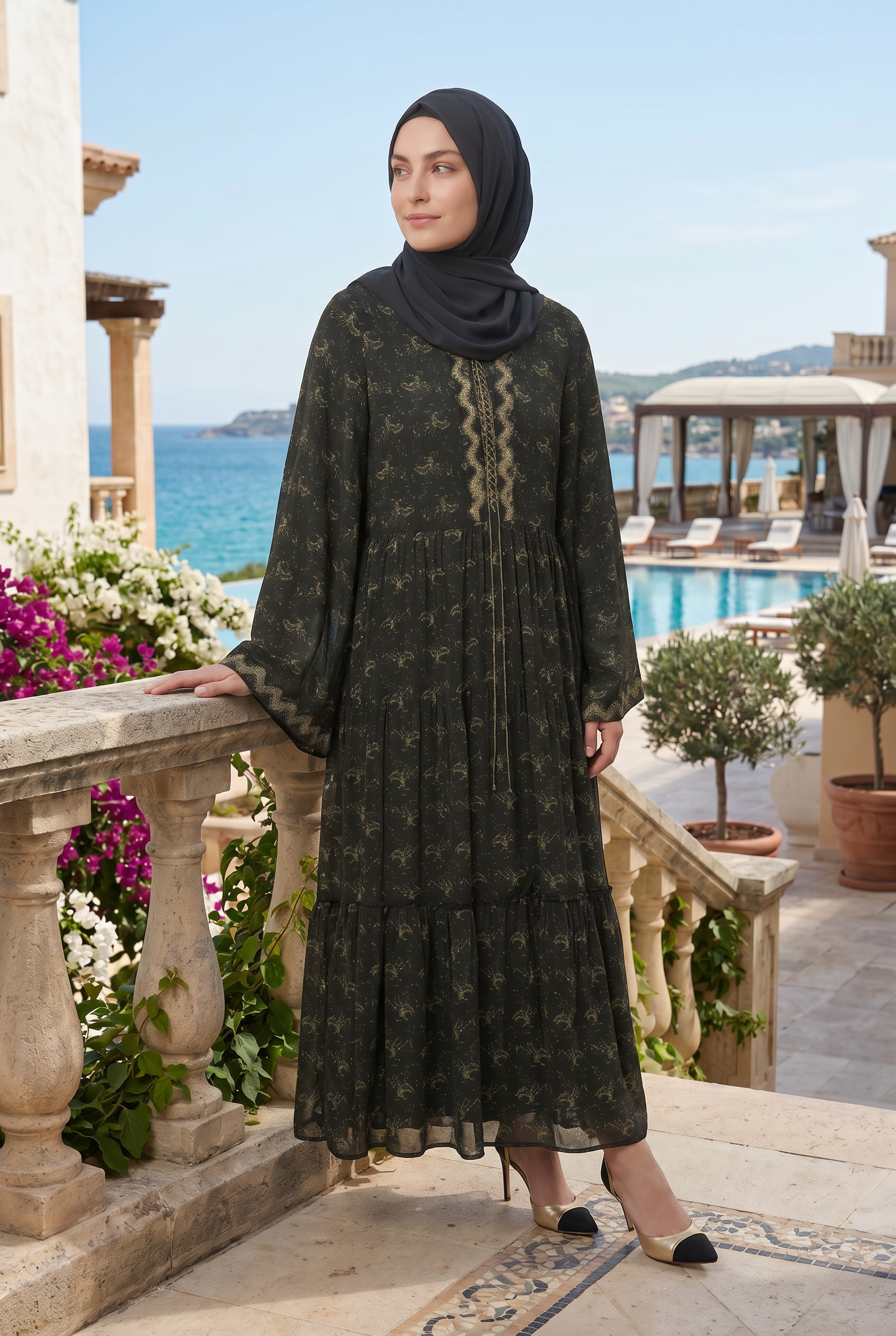 Anisa Chiffon Abaya Black and Green 1111