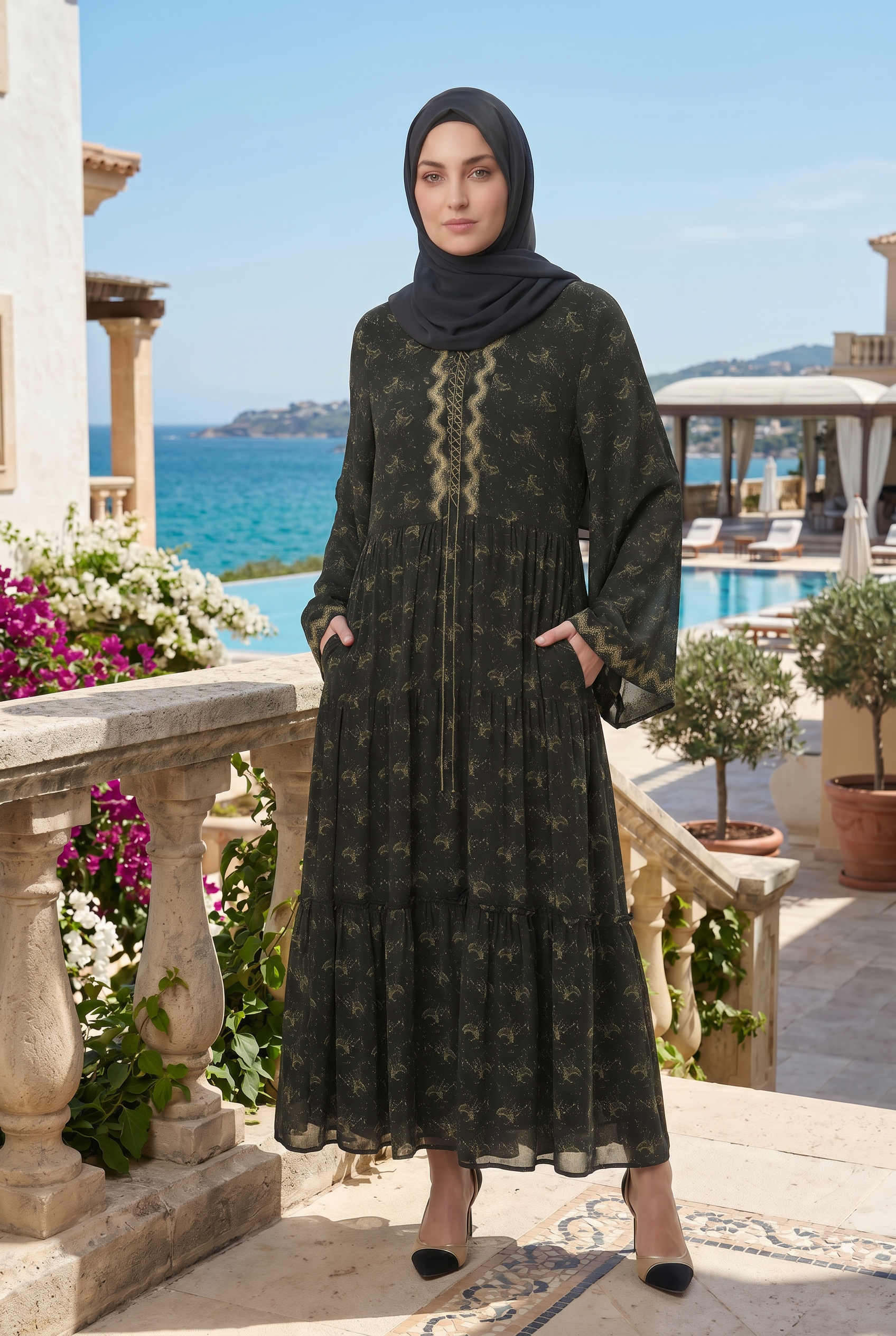 Anisa Chiffon Abaya Black and Green 1111