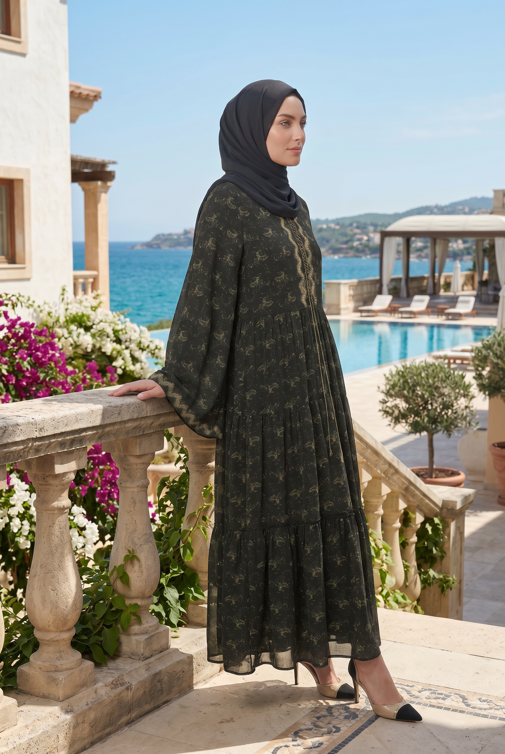 Anisa Chiffon Abaya Black and Green 1111