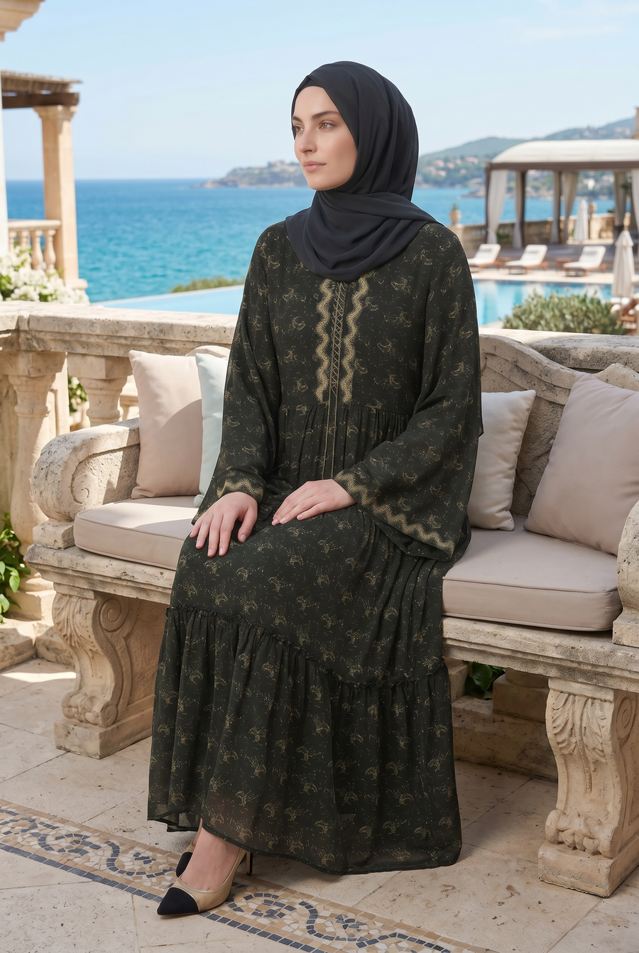 Anisa Chiffon Abaya Black and Green 1111
