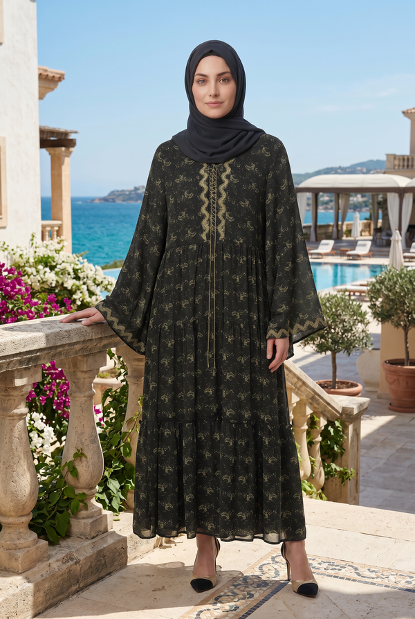 Anisa Chiffon Abaya Black and Green 1111
