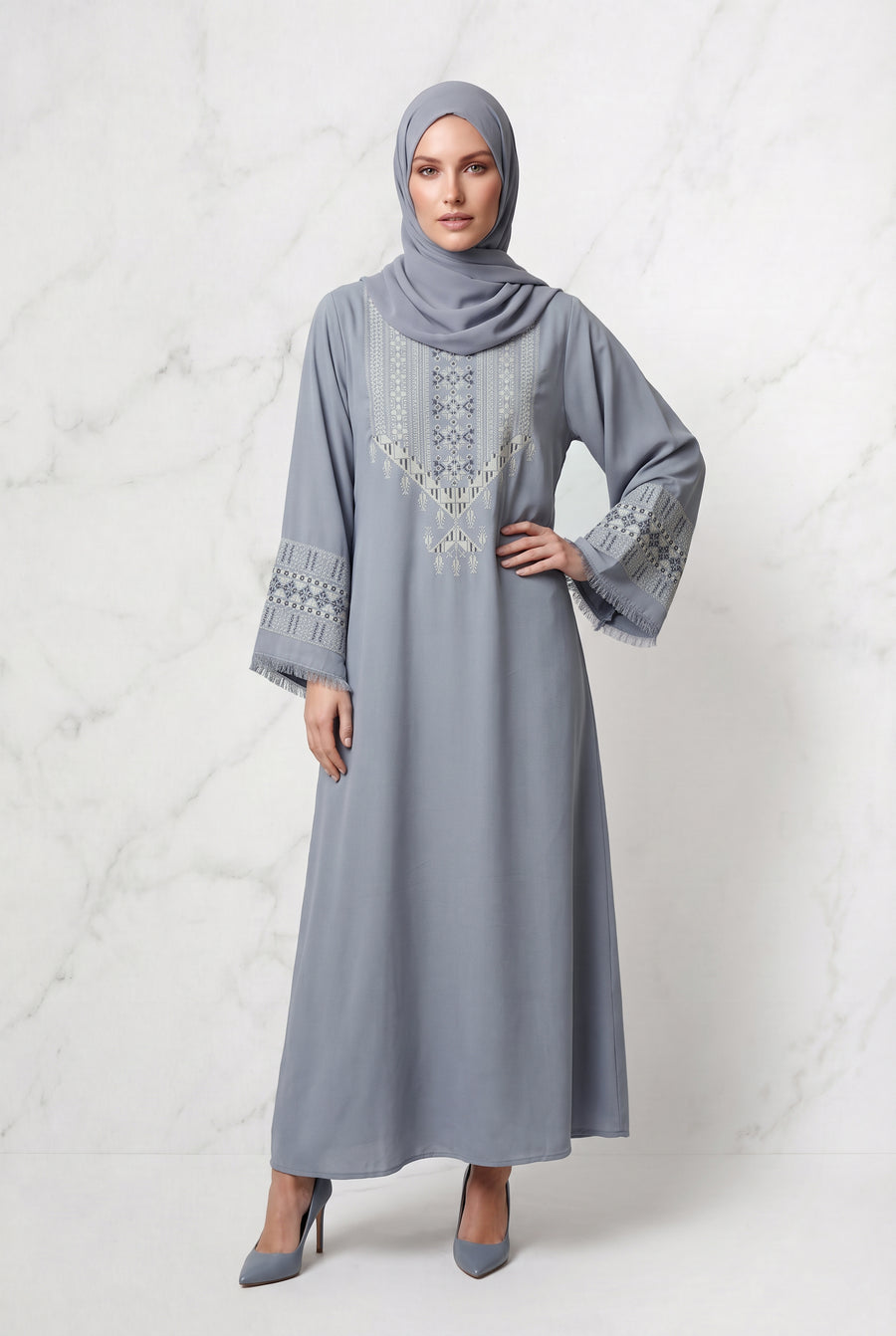 Yusra Mosaic Embroidered Abaya Cool Grey 1117