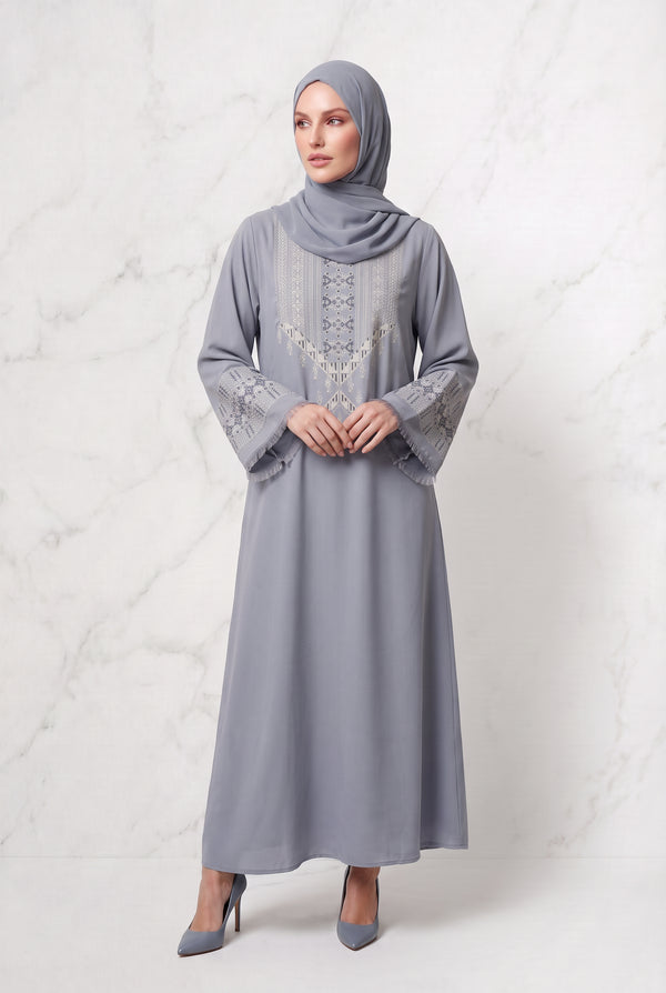 Yusra Mosaic Embroidered Abaya Cool Grey 1117
