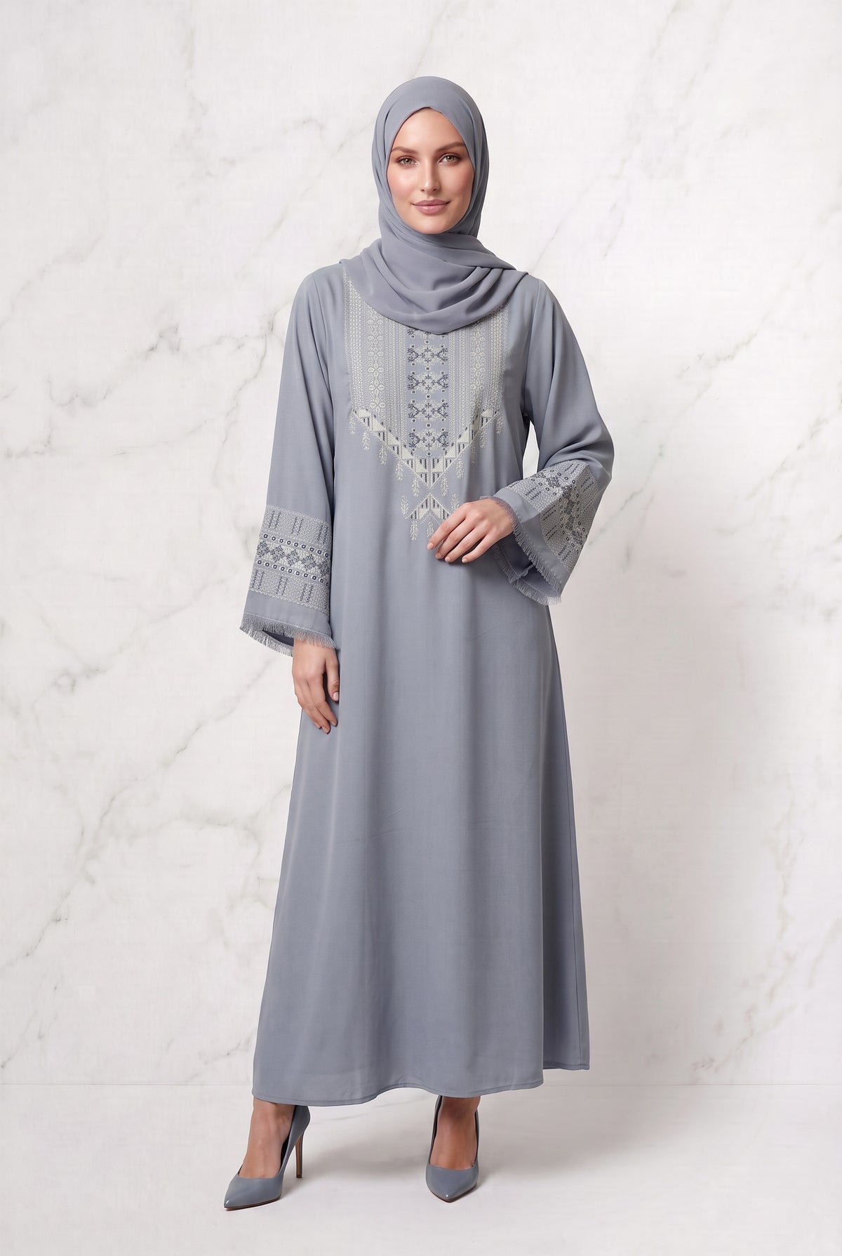 Yusra Mosaic Embroidered Abaya Cool Grey 1117