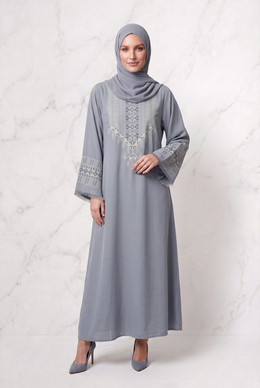 Yusra Mosaic Embroidered Abaya Cool Grey 1117