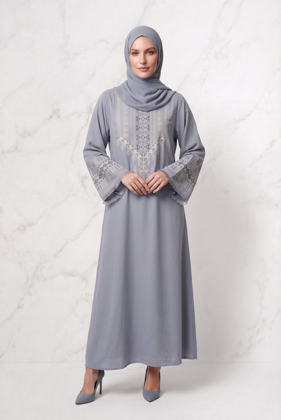 Yusra Mosaic Embroidered Abaya Cool Grey 1117