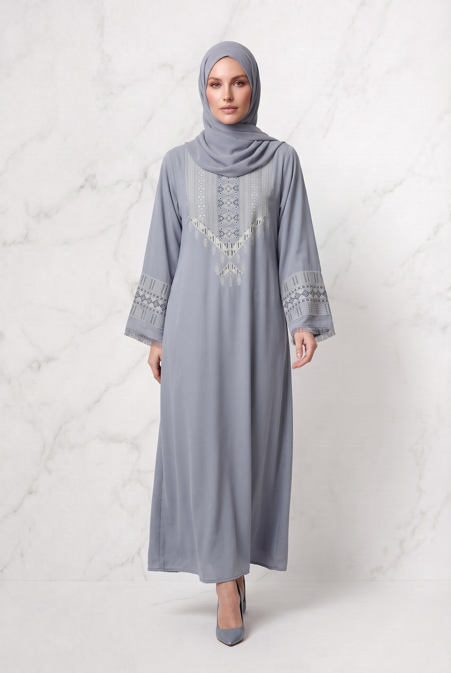 Yusra Mosaic Embroidered Abaya Cool Grey 1117