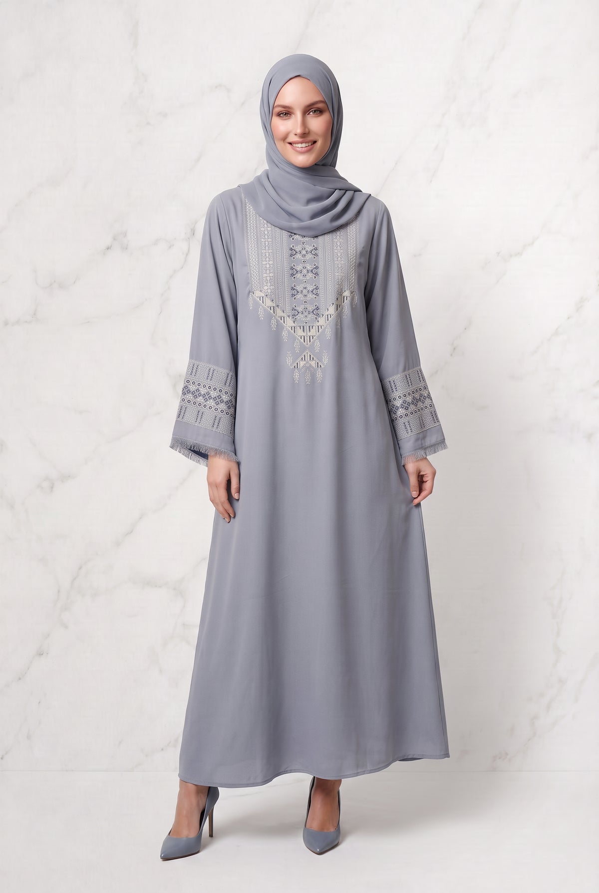 Yusra Mosaic Embroidered Abaya Cool Grey 1117