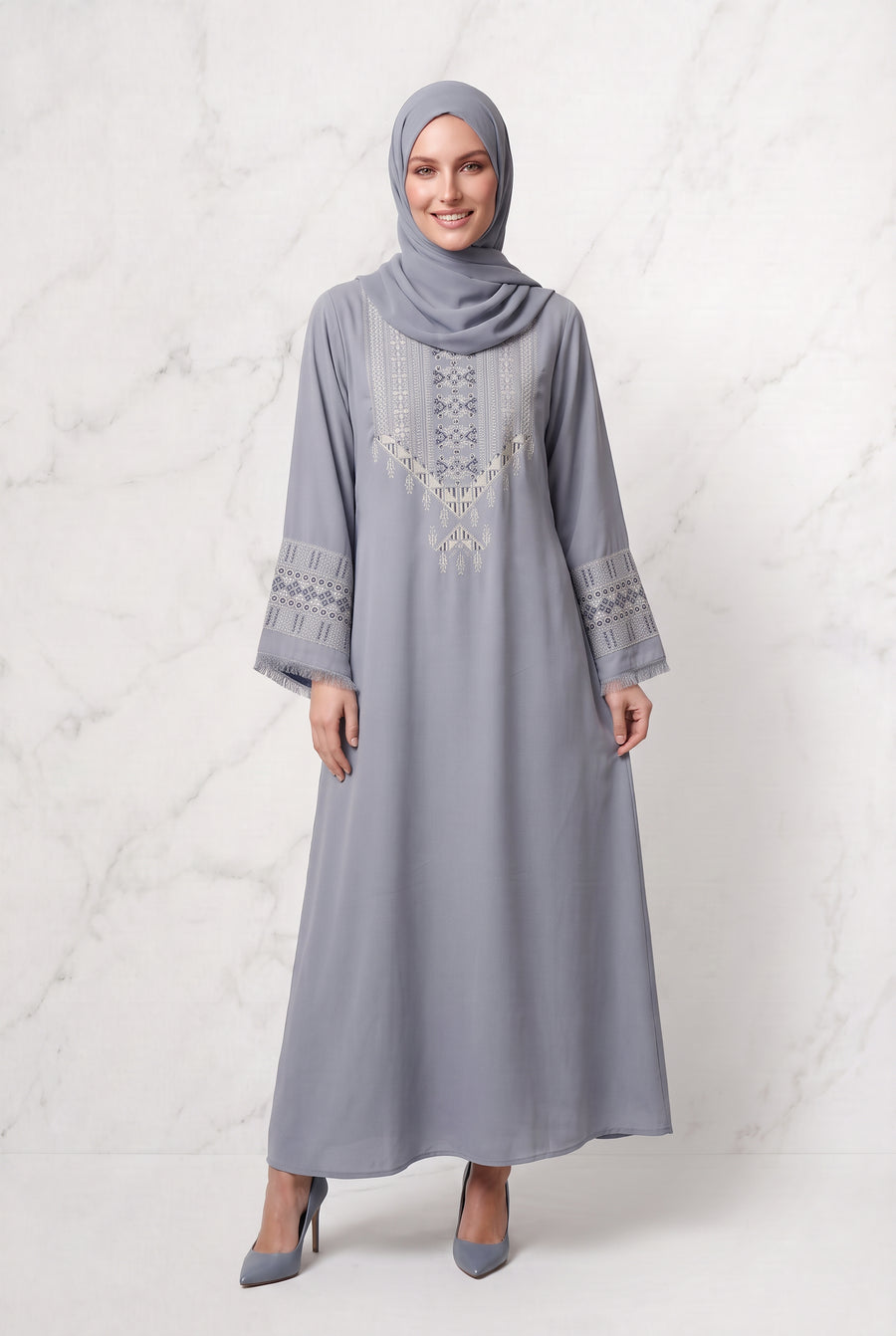 Yusra Mosaic Embroidered Abaya Cool Grey 1117