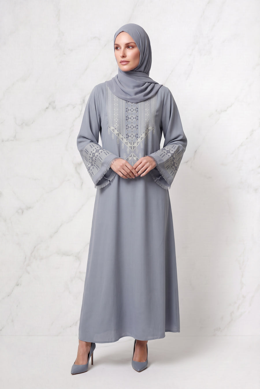 Yusra Mosaic Embroidered Abaya Cool Grey 1117