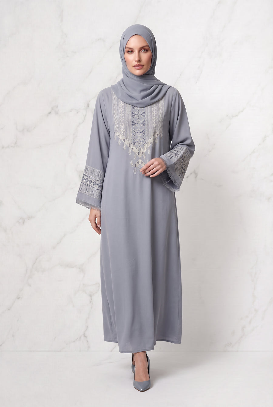 Yusra Mosaic Embroidered Abaya Cool Grey 1117