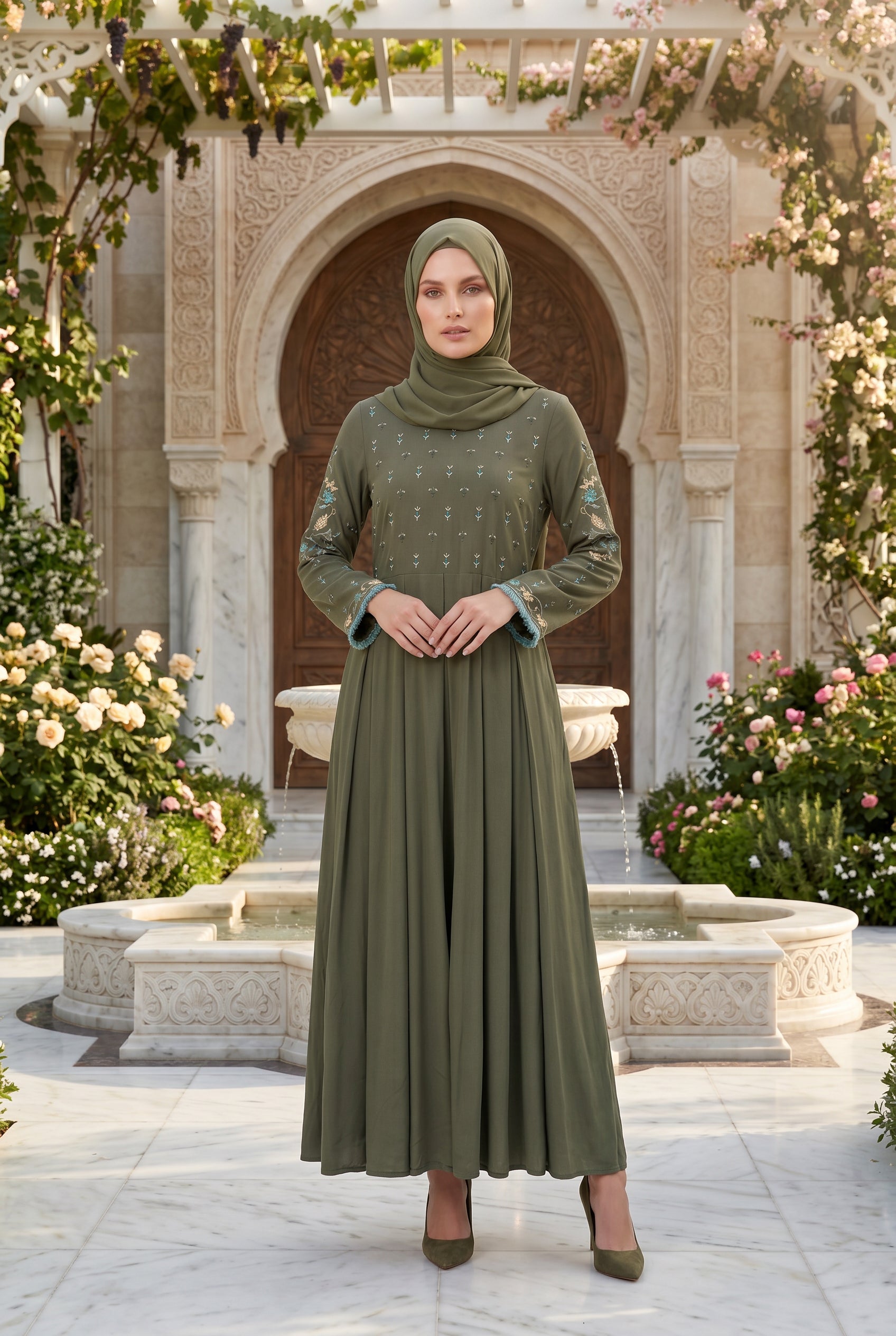 Safiya Embroidered Abaya Olive 1157
