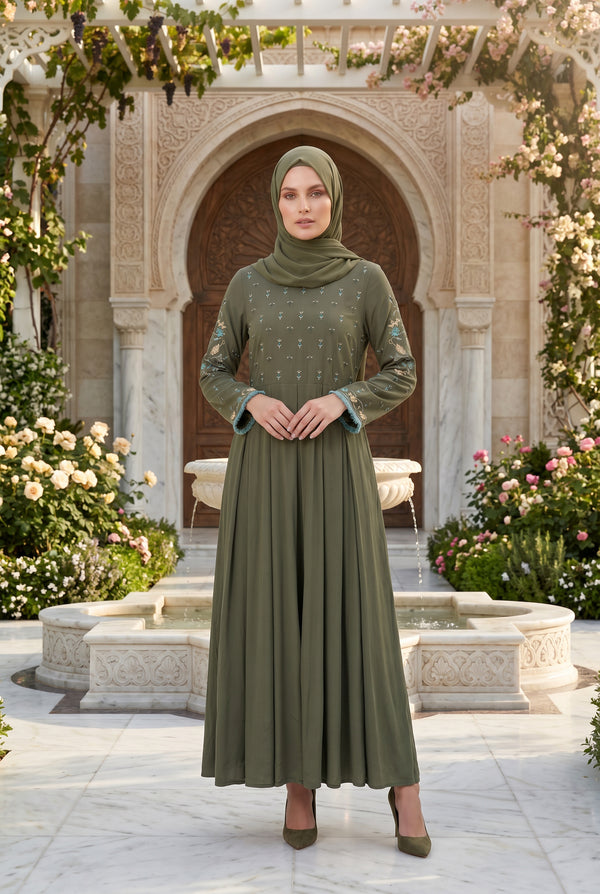 Safiya Embroidered Abaya Olive 1157