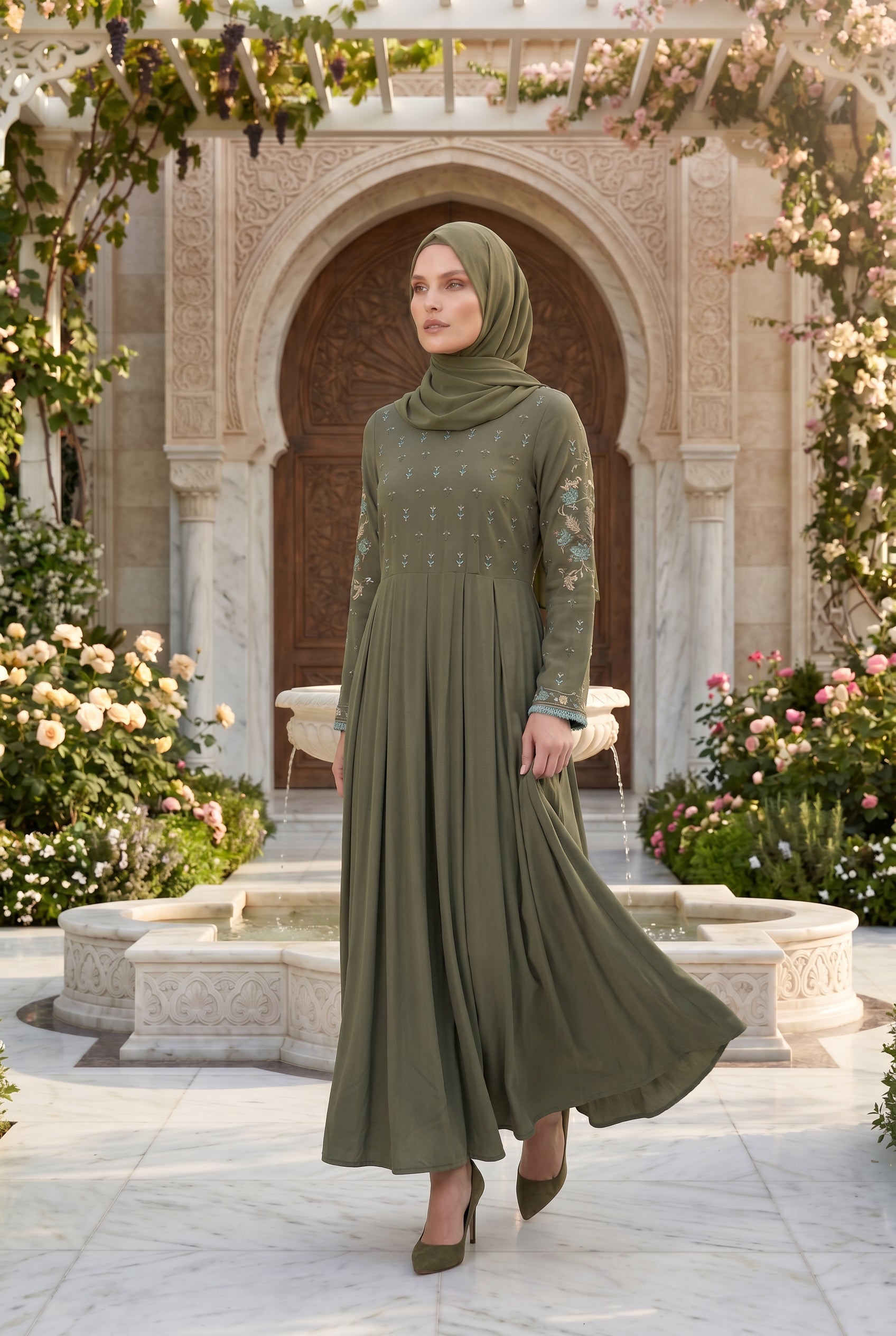 Safiya Embroidered Abaya Olive 1157