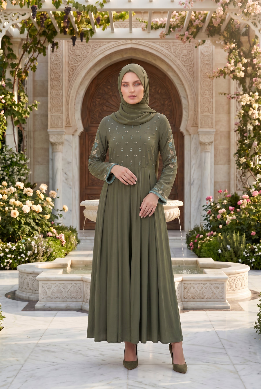 Safiya Embroidered Abaya Olive 1157