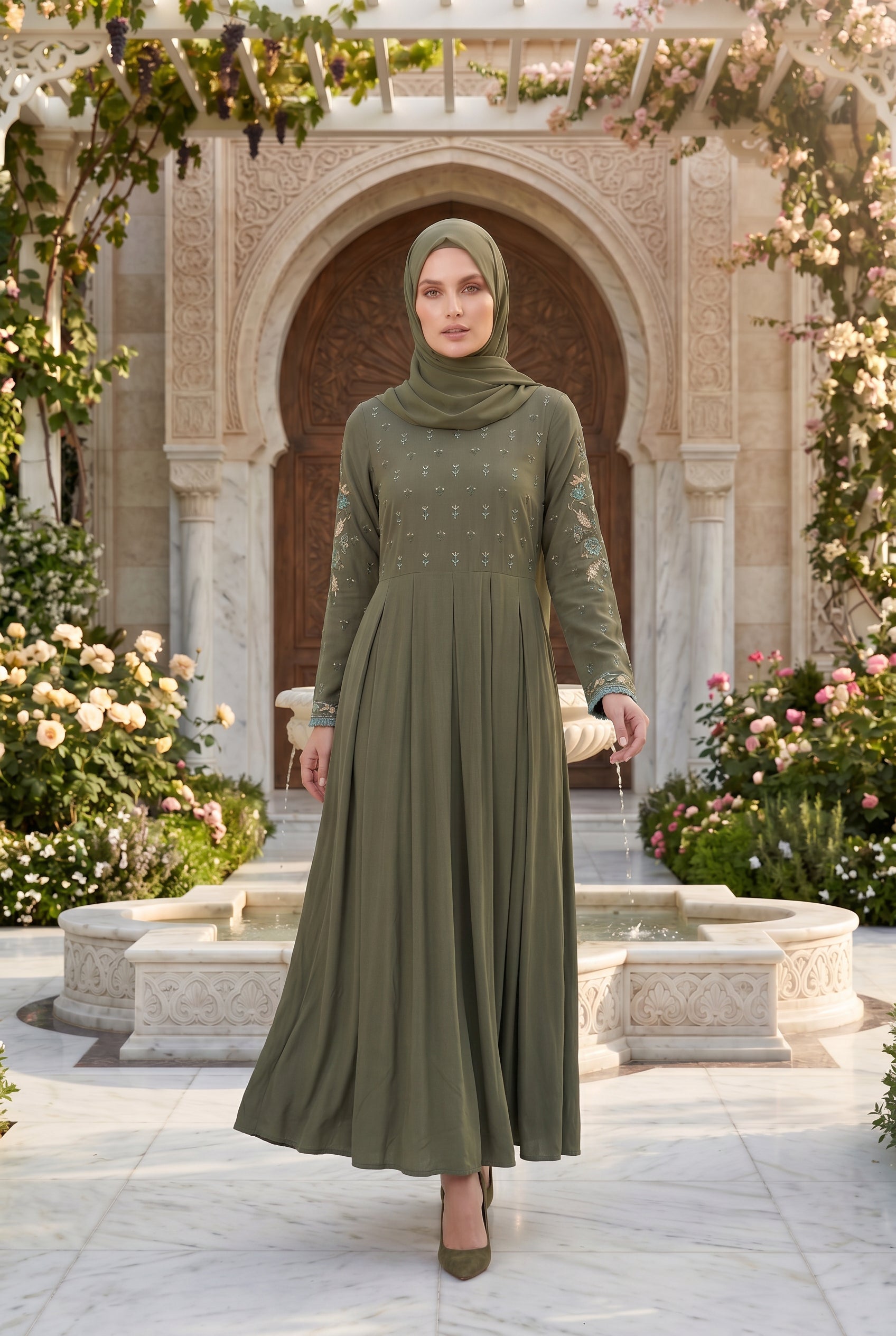 Safiya Embroidered Abaya Olive 1157