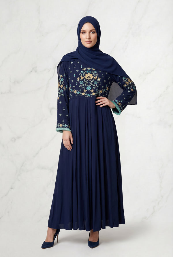 Safiya Embroidered Abaya Navy Blue 1157