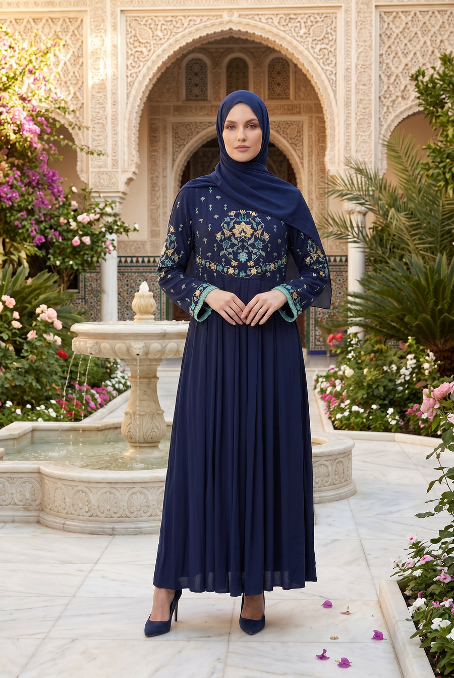 Safiya Embroidered Abaya Navy Blue 1157