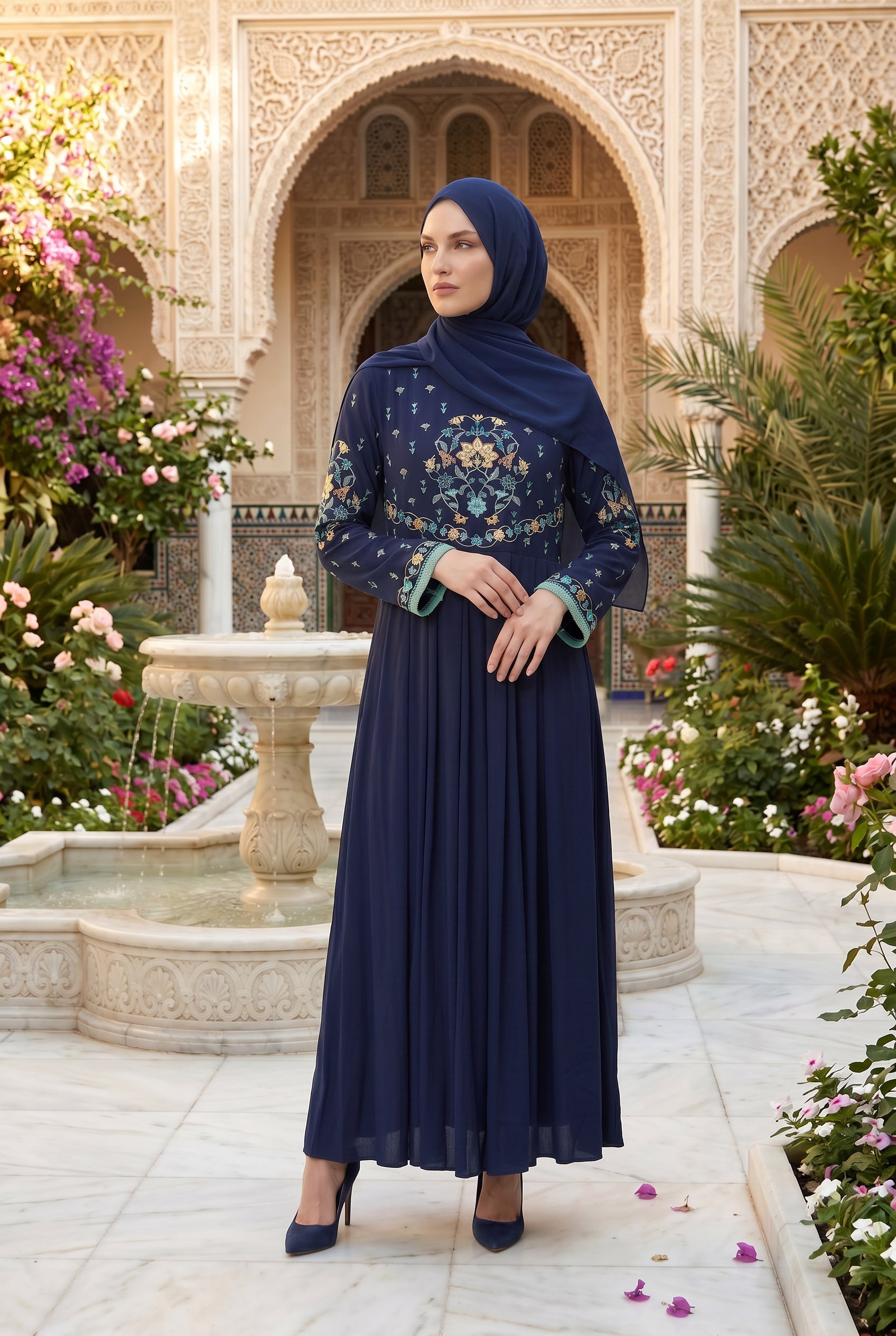 Safiya Embroidered Abaya Navy Blue 1157