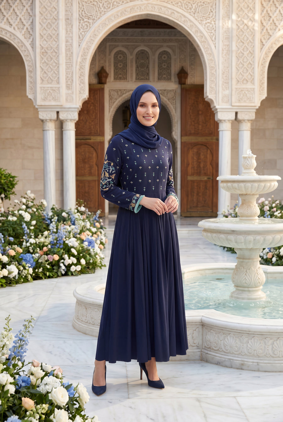 Safiya Embroidered Abaya Navy Blue 1157