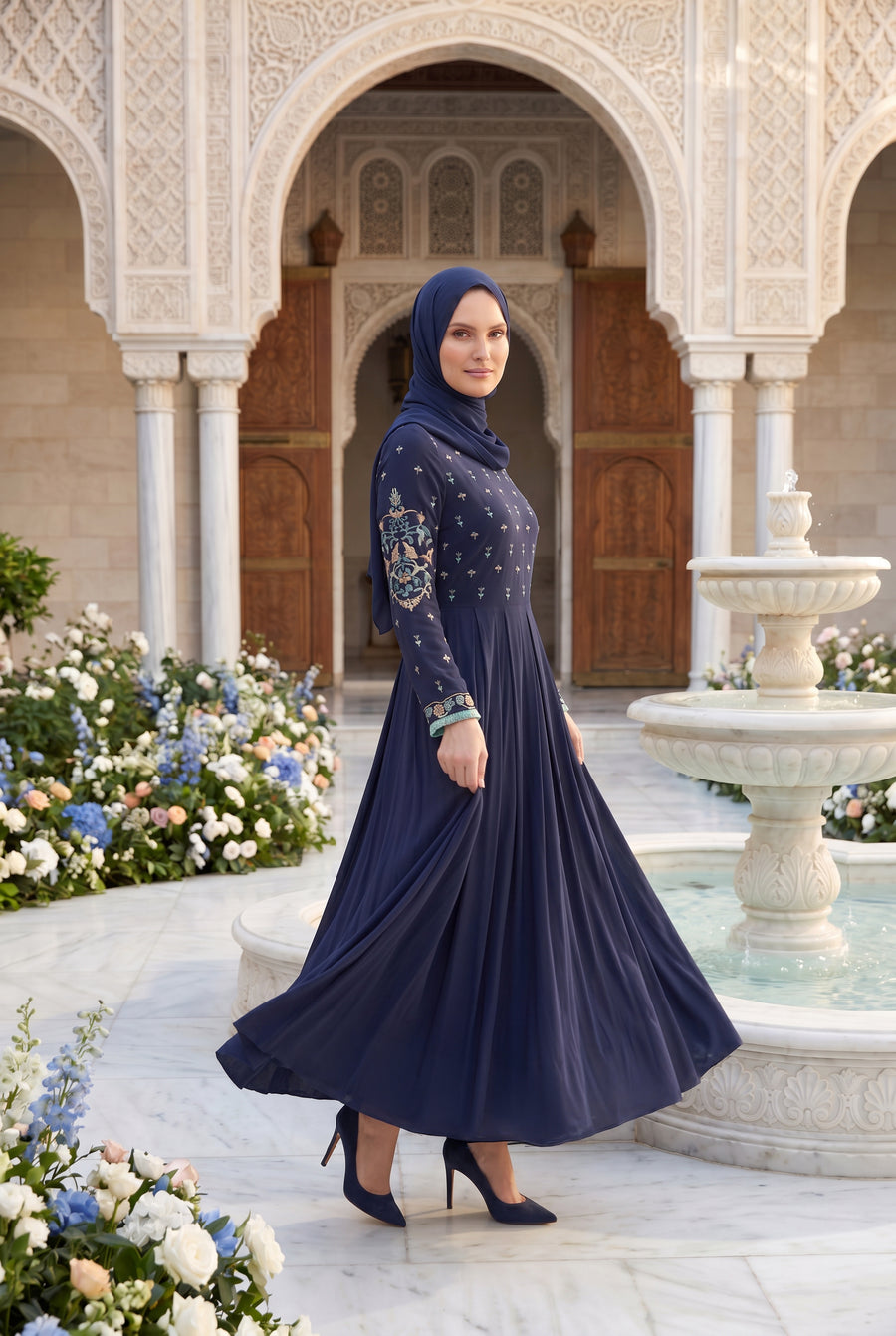 Safiya Embroidered Abaya Navy Blue 1157