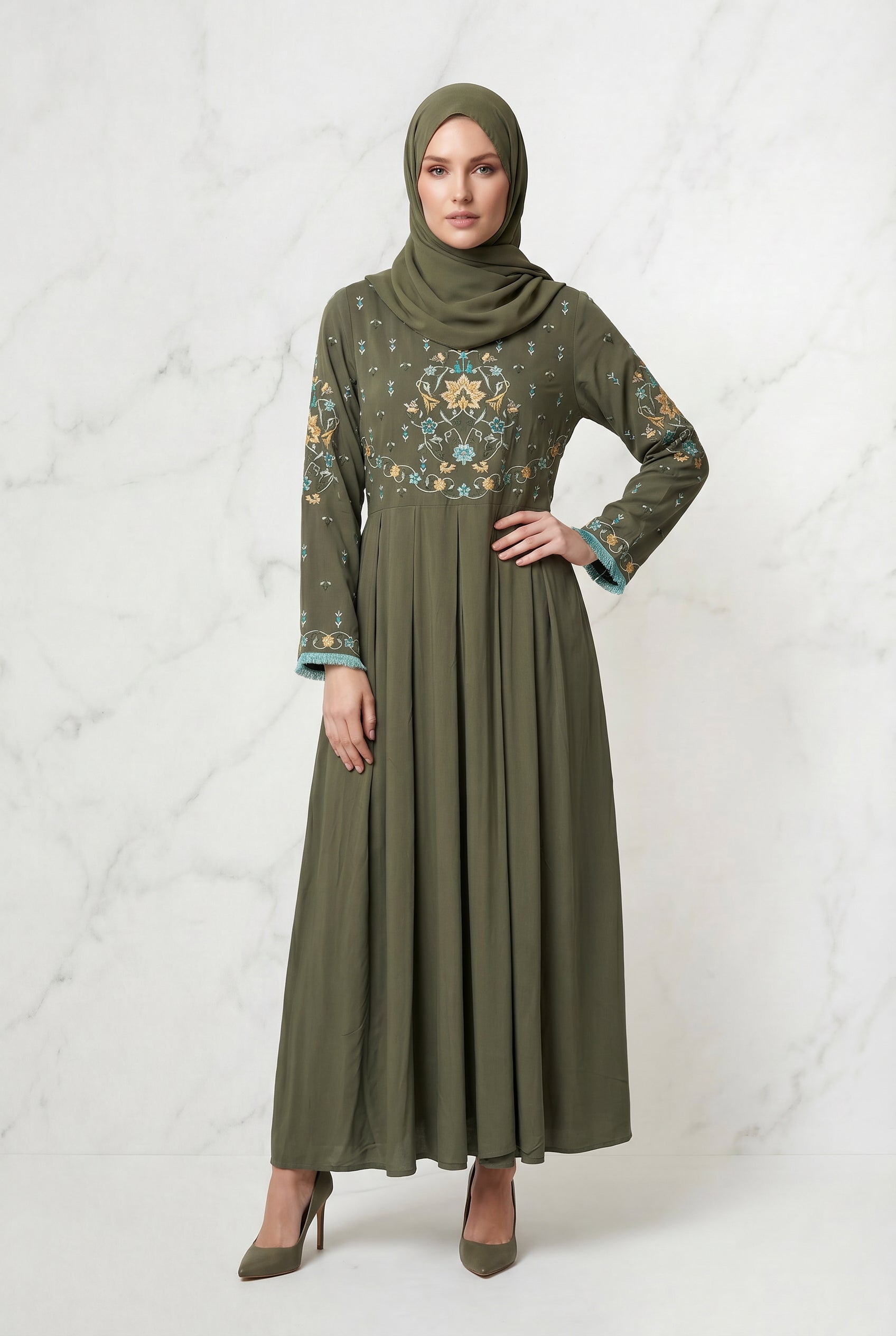 Safiya Embroidered Abaya Olive 1157