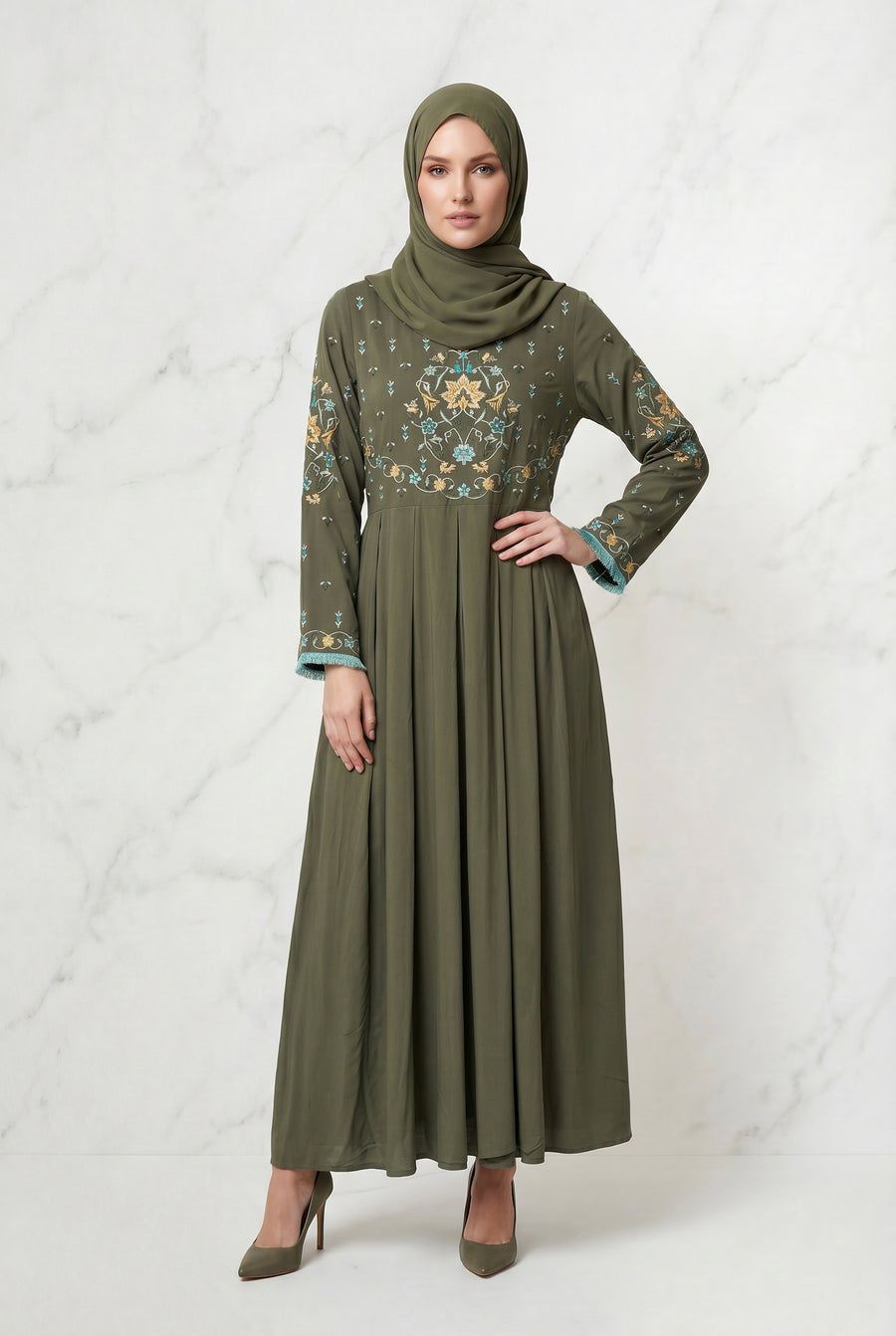 Safiya Embroidered Abaya Olive 1157