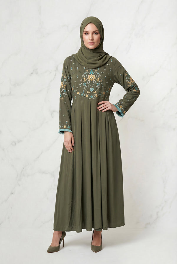 Safiya Embroidered Abaya Olive 1157